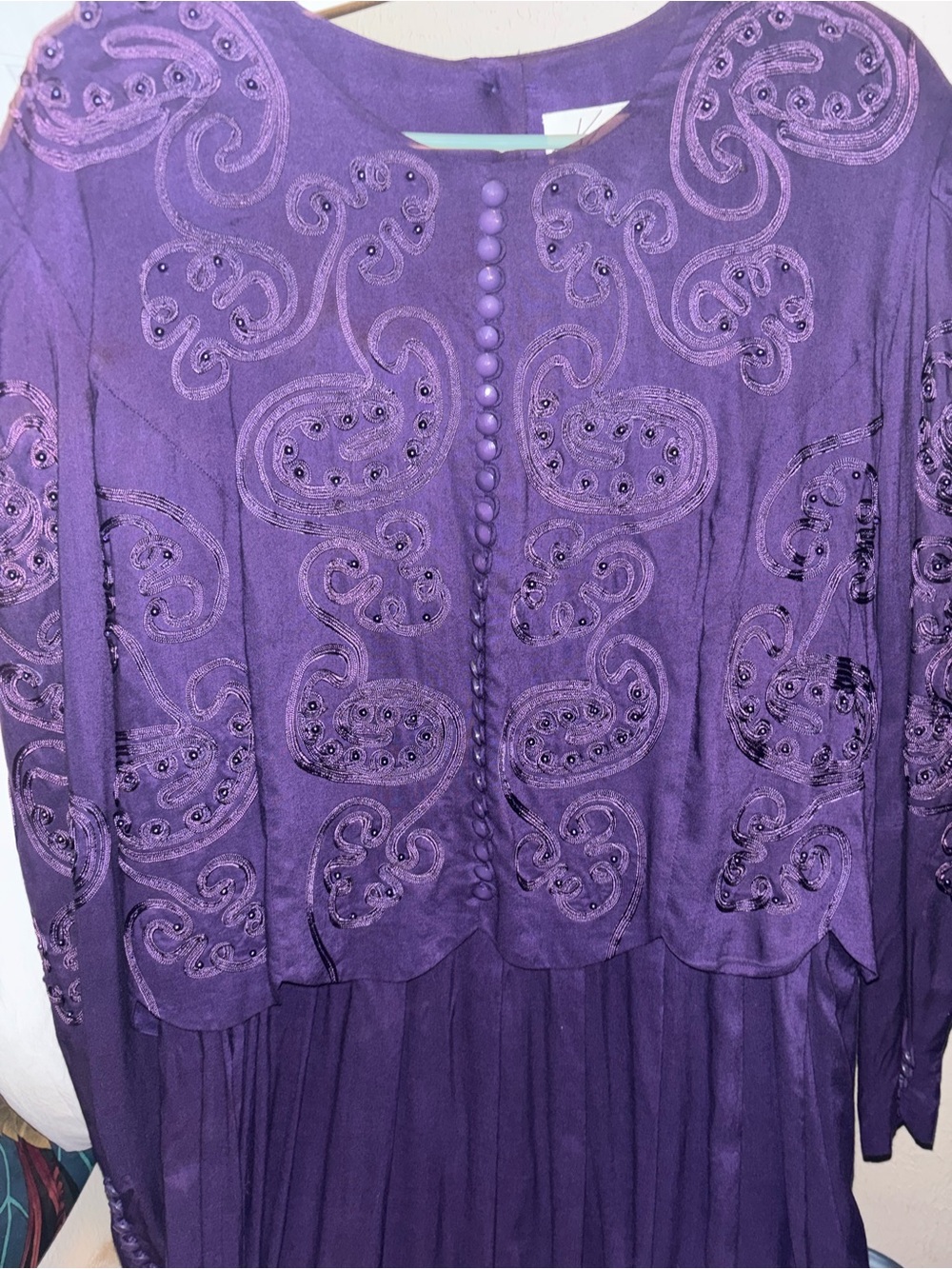 Kathie Lee Collection Purple Embroidered Button-Front Long Sleeve Dress